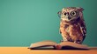 Owl before a solid colored background standing on a book. 