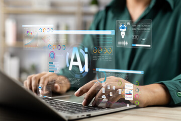 Fototapete - Businessman use artificial intelligence AI technology for enhanced work efficiency data analysis and efficient tools, Unlocking Work potential with AI solutions chatbot help solve work problems.