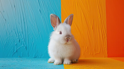 Wall Mural - happy easter greeting card or banner with white fur bunny on blue and orange background