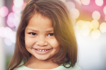 Sticker - Girl, kid and happiness for portrait in home, cute and sweet in lounge with smile in family house. Female young person, adorable and innocent in living room for child development, youth and childhood