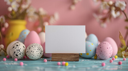 Wall Mural - happy easter greeting mockup blank white card with pastel eggs in flower blur  background	