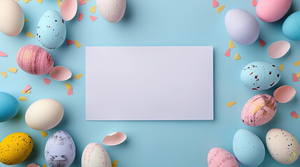 Wall Mural - happy easter greeting mockup blank white card with pastel eggs in background	