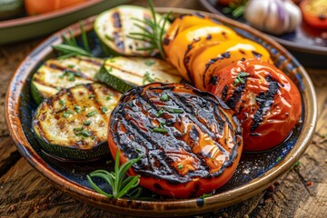 Wall Mural - Grilled Vegetables on Plate with Tomatoes, Zucchini, and Eggplants with Herbs and Spices Closeup