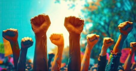 Raised Colorful Fists in Solidarity at a Unity Protest Under a Sunlit Sky