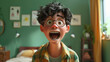 An animated young boy with curly hair and round glasses showing an expression of surprise in his bedroom.