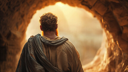 a figure stands in a cave, evoking the image of david seeking refuge from saul.