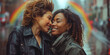 Two women share a close and affectionate moment on a city street, with a LGBTQ+ Pride rainbow arching above. Celebrating pride, love and diversity.