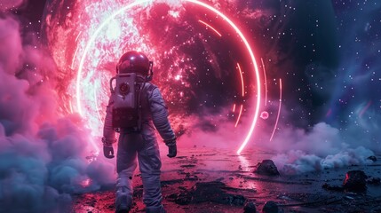Wall Mural - astronaut in a suit going through a neon portal