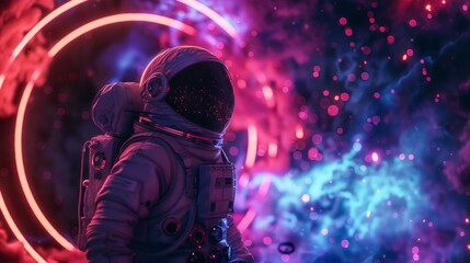Wall Mural - astronaut in suit in space with neon clouds