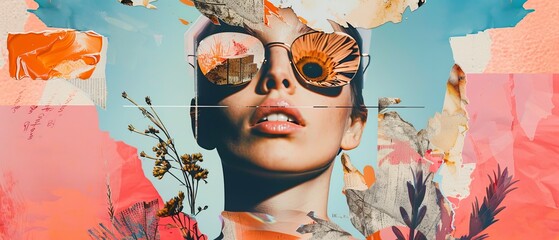 Wall Mural - An artistic collage from the contemporary art scene. A stylish young girl skates with a retro camera head. Reaching goals. Vintage style. Nod to surrealism, creativity, and inspiration. Artwork set