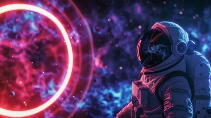 Wall Mural - Astronaut in a suit going through a neon portal on a different planet in space in high resolution and high quality. astronaut concept,portal,space,universe,galaxy