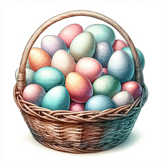 Wall Mural - An illustration of pastel colors Easter eggs in a basket, rendered in watercolor style