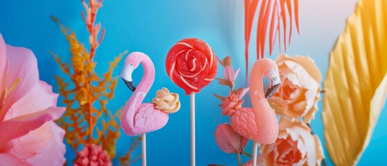 Wall Mural - Decorative candy made with flamingos and a wooden stick on a blue background. Your text can be placed in the negative space. Modern and contemporary design. Colorful collage.