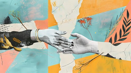 Poster - An illustration of a handshake. The hands of women make a deal. The background is a blue checkered background with hand drawn texture. Modern trendy illustration.