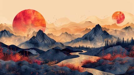 Poster - An abstract background with hand-drawn lines and an art natural landscape background. Mountain forest and desert concept in a banner design.