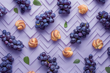Sticker - Fresh ripe grapes on a vibrant purple background, arranged in a top view flat lay composition