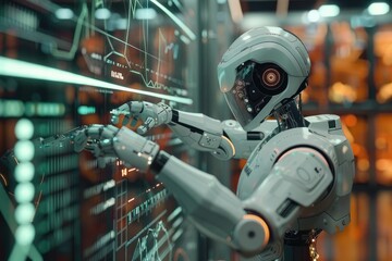 Poster - Close up of robot hand pointing a financial transparent graph screen. Generative AI.