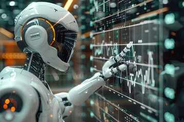 Fototapete - Close up of robot hand pointing a financial transparent graph screen. Generative AI.