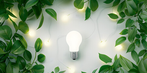 Wall Mural - Top view green energy concept with a light bulb and leaves isolated on a white background with copy space for text 