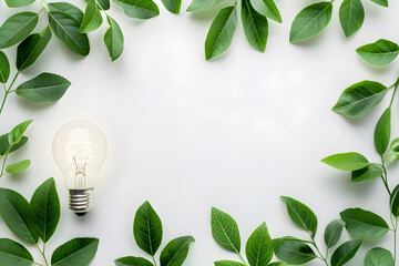 Wall Mural - Top view green energy concept with a light bulb and leaves isolated on a white background with copy space for text 