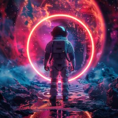 Wall Mural - astronaut in a suit observing a neon portal in space in high resolution and high quality. CONCEPT astronaut,portal,neon,space,galaxies,man,planet,alien