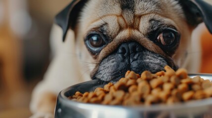 Wall Mural - Cute pug and bowl of food on the floor at home