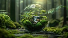 In The Dense Forest, There Is An Indoor Terrarium That Has Moss And Waterfalls Inside It. The Glass Ball Holds Various Small Plants And Rocks. Generative AI.