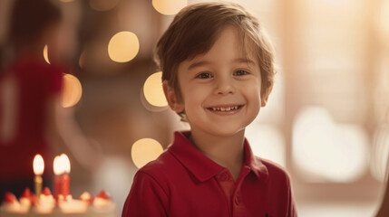 Canvas Print - A smiling boy is looking at a birthday cake with lit candles.