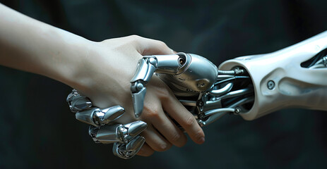 Poster - Human hand and robot shake hand, plain black background, focus only hands. Generative AI.