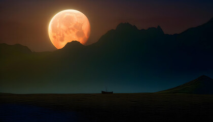 Wall Mural - A full moon rising over a mountain range at night, with a lake in the foreground