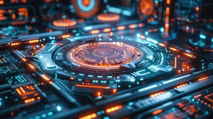 Fototapete - Futuristic network hub device with interactive holographic display, neon indicators on a darkened technology workspace. Generative AI.
