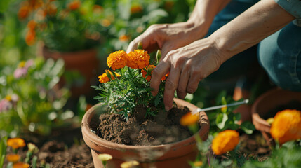 Canvas Print - Hands delicately planting marigolds in a terra cotta pot.