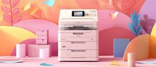 Copier For Office Work With Flying Sheets On Large Floor. Professional Office Copier, Multifunction Printer Printing Paper Documents On Bright Background. Flat Cartoon Modern Illustration.