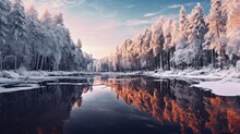 A Painting Of Snow Covered Trees And A Lake In The Middle Of A Forest With A Reflection Of The Sky In The Water And The Water.