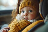 Fototapeta  - Adorable toddler in car seat wearing knit hat