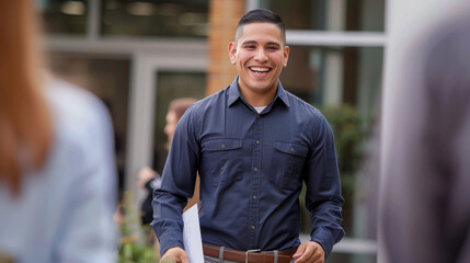 Poster - A contented man in casual office attire holding a laptop stands amidst colleagues.