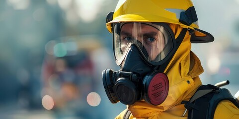 Portrait of a fireman wearing firefighter turnouts and helmet. 