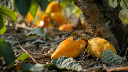 Sticker - Two ripe papayas resting in the shade of their tree.