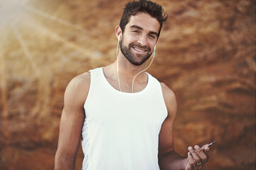 Canvas Print - Fitness, headphones and portrait of man with phone for training, exercise and music for workout. Male person, earphones and face with happiness for online streaming, podcast and morning cardio