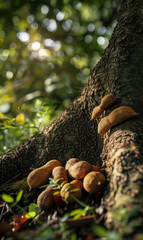 Wall Mural - Tamarind pods resting against a tree trunk in soft sunlight.