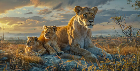 Poster - Lioness with her cubs