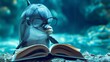 A humorous scene of a dolphin wearing glasses and seemingly reading a book in a clear blue swimming pool.