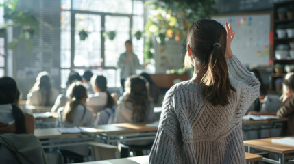 Canvas Print - A student in a classroom is raising their hand.