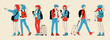Illustration set of young male and female travelers