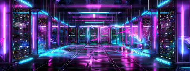 Wall Mural - Server racks in computer network security server, room data center. Server room for cryptocurrency mining. Cryptocurrency farm, cloud computing. Networking communication technology concept