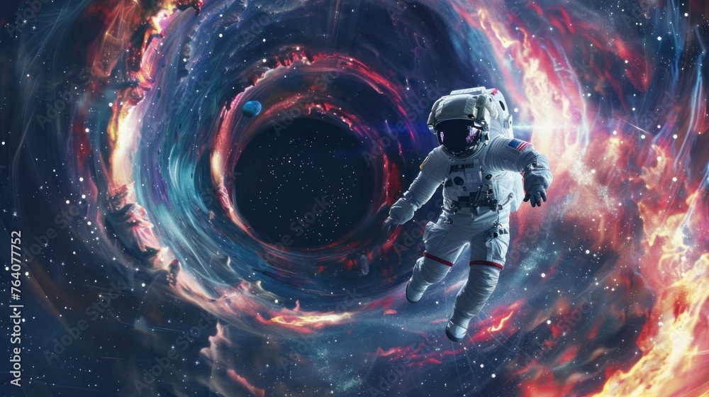 astronaut absorbed by a black hole in space with a suit in high ...