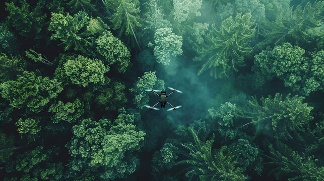 Top-down aerial view captures serene early morning mist over a dense, poignant green forest, depicting peace and tranquility