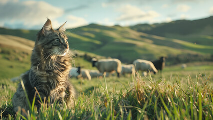 Wall Mural - Feline in the Fields: A Cat Amidst Cattle and Sheep