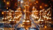 Close-up king chess standing first on chess board concepts challenge or  leadership strategy and battle fighting of business team and or team player organization risk management 