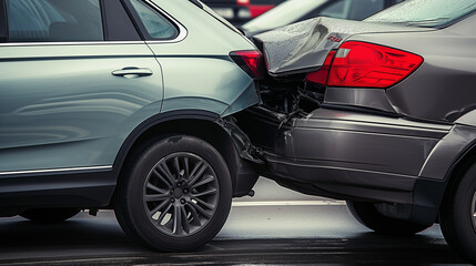 Wall Mural - Accident between two cars. Cars stand next to each other, side view. Bumpers damaged
